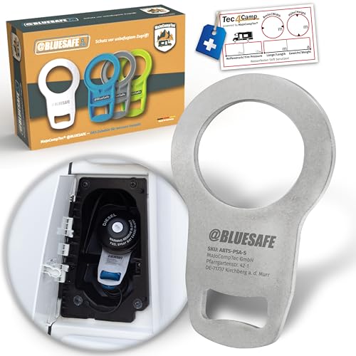 MaJoCompTec® ADBLUESAFE Tankdeckel Sicherung I Tanksicherung für AdBlue Tankverschluss Deckel I Zubehör Kastenwagen Camping Wohnmobil (Edelstahl Version, Bundle mit Aufkleber Fahrzeugmaße)