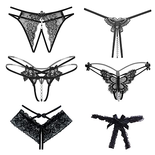 6 Packs String Ouvert Damen mit Perlen Blumen Muster Loch Set Frauen Frau, Schwarz Slip Unterhosen Spitze Sexy Tanga Strings Unterwäsche Mit Offenem Schritt Tangas V-G-String Reizwäsche Thongs Höschen