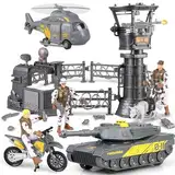 Militärische Basis Spielzeug Set, Militärfahrzeuge Hubschrauber Tank Spielzeug, Armee Männer Soldat Action Figuren und Waffen Ausrüstung Zubehör Militärische Kampf Motorrad Spielzeug Alter 3+