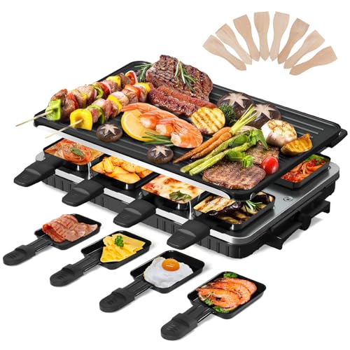 2-in-1 Raclette Grill 8 Personen Elektrisch Tischgrill Antihaftbeschichtet Wende-Grillplatte Elektrogrill Rauchfreier Raclette mit 8 Mini Raclette Pfännchen & 8 Schaber Spülmaschinenfest 1300W