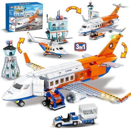 HOGOKIDS City Passagierflug Flugzeug Baukasten - 3 IN 1 Flughafen Hubschrauber Airplane Baustein Spielzeug mit Gepäck LKW Radar Turm Shuttle Bus für Jungen Mädchen Kinder Erwachsene 6 7 8 9+ Jahre alt