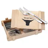 WMF Steakbesteck 12-teilig, Steakbesteck Set für 6 Personen, Steakmesser Set, Steakgabel, Cromargan Edelstahl poliert, Grillbesteck in Holzkiste