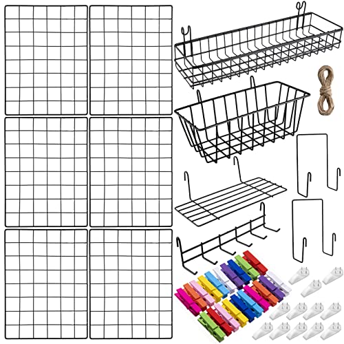 6 Stück 40.6x30.5 cm schwarze Wandgitterplatte mit 1 schwarzen Hängedrahtkorb, 1 Regal, 1 Hakenleiste, 2 Briefsortiererregal, 20 Clips, 2 Hanfseil, Fotogitter Einrichtungszubehör Ories
