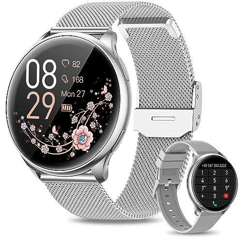 RUXINGX Smartwatch Damen Herren mit Telefonfunktion, 1.32 Zoll HD Voll Touchscreen, Armbanduhr mit SpO2 Pulsuhr Menstruationszyklus Schlafmonitor Schrittzähler Kalorien IP67 für iOS Android Silber