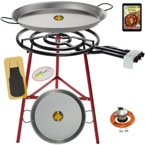COMBOI Paella-Set für Paella-Pfanne, Butangas, 60 cm, Paella-Pfanne 70 cm + Paella-Pfanne 42 cm, Gasregler, Schlauch, Halterung, verstärkte Füße, Wasserwaage, Schürze, digitales Rezeptbuch