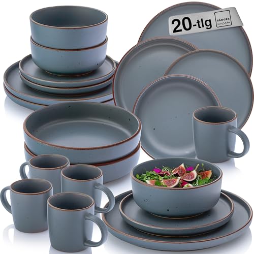 SÄNGER Bombay Graphit | Kombiservice 20 teilig, Steingut Geschirr 4 Personen, 4x Speiseteller 4x Dessertteller 4x Schalen 4x Pastateller 4x Kaffeebecher, Teller Set modern | VALUE COLLECTION