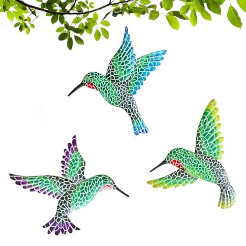 Rivweten Metall-Kolibri-Gartenornamente, Outdoor-Dekoration, farbenfroher Kolibri, Wandzaun, Kunst, Vogelskulpturen, hängende Dekoration, Vögel, Wanddekoration, Wandkunst, Dekor (alle 3 Stück)