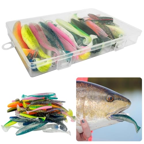 46 Stück Angelköder, Rubber Fishing Lure, Schwimmköder, Gummifische, Angelköder Kit, 6/9/12cm Gummifische Set, Gummiköder Set, Eingearbeitete Reflektierende Pailletten für Barsch Köder Zander Forelle