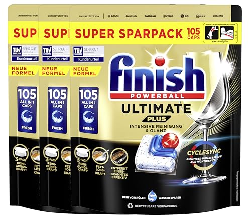 Finish Ultimate Plus Infinity Shine Spülmaschinentabs – Geschirrspültabs für intensive Reinigung, Fettlösekraft und Glanz mit Schutzschild – 315 Finish Caps (3x105 Caps)