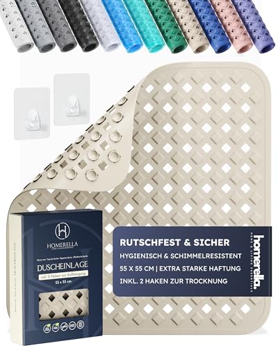 Homerella® Duschmatte rutschfest - 100% BPA frei - Inkl. 2 Haken zum Aufhängen 53x53cm - Antirutschmatte Dusche hautsensitiv & schimmelresistent - Duscheinlage maschinenwaschbar