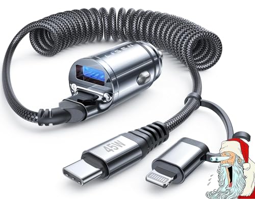 LISEN 90W USB Zigarettenanzünder Adapter Safety Certified Ladegerät für Auto Mini Metal Legierung KFZ USB Ladegerät Angeschlossenes 2-in-1-Kabel mit iPhone 15/14/13/12, Note 9/Galaxy S10/S9, iPad