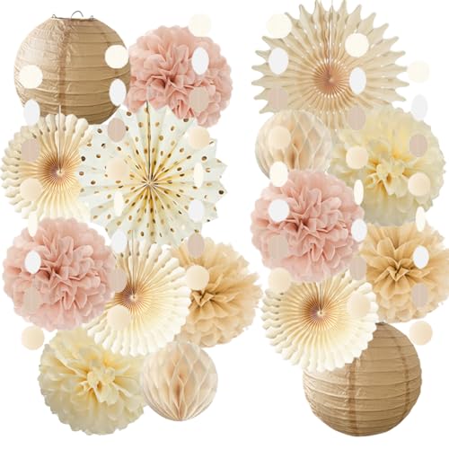 Party Deko Beige Rosa Boho Geburtstag Neutral Babyparty Deko Mädchen Beige Rosa Papierfächer Pompons Papierlaternen für Geburtstag Vintage Hochzeits Deko
