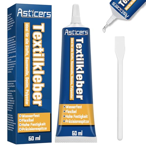 Textilkleber Waschmaschinenfest 60ml, Stoffkleber für Flicken, Klarer Textilkleber für Stoffe für Kleidung Permanent Waschbar, Stoff Kleber für Alle Stoffe, Baumwolle, Denim, Flanell, Polyester