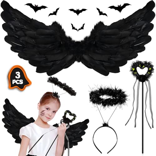 ZZQVIP Schwarze Engelsflügel Set für Halloween Kostüm Mädchen, Inklusive Verstellbarem Heiligenschein und Zauberstab für Teufel Kostüm Mädchen, Party Fasching Kostüme Deko,Kostümparty