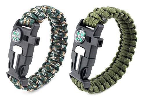 Paracord Survival Armband, Deesospro® 2 Stück Survival Kit mit Flint Fire Starter, Schaber, Kompass, Pfeife und Fallschirmseil Schnalle für Wandern Camping, Bootsfahren