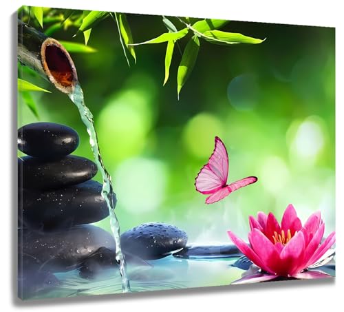 LB Wandbilder Zen Spa Wanddruck Schwarze Steine rosa Blumen mit Schmetterling Leinwand Bilder Grüner Bambus Poster für Wohnzimmer Schlafzimmer Badezimmer Wand Deko,40x30cm Ungerahmt