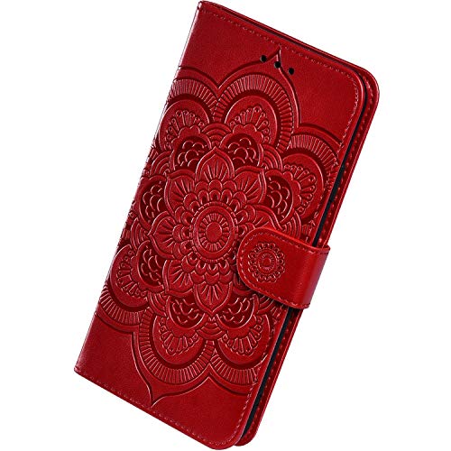 Herbests Kompatibel mit Samsung Galaxy Note 10 Handyhülle mit Mandala Blumen Muster Motiv Hülle Leder Schutzhülle Flipcase Brieftasche Wallet Tasche Magnetverschluss Stoßfest Cover Case,Rot