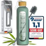 Amalindo Trinkflasche 1l Glas Bruchsicher, Wasserflasche 1l, Glasflasche 1 Liter, Trinkflasche Glas 1l, 1 Liter Trinkflasche, Water Bottle inkl. Silikonhülle & Bürste (BPA-frei) - Olive