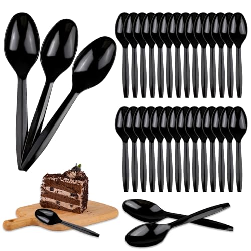 200 Stück Plastiklöffel, Transparent Eislöffel Plastik, Wiederverwendbar Plastik Löffel, 13.8cm Robust Klein Dessertlöffel Plastikbesteck für Desserts Kuchen Obst Salate Mousse Eislöffel (Schwarz)