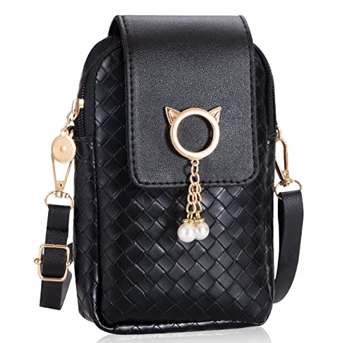 QH-Shop Handy Umhängetasche Damen Handytasche Zum Umhängen Mädchen Süße Katze Klein Pu Leder Crossbody Tasche con Verstellbar Schultergurt Schwarz