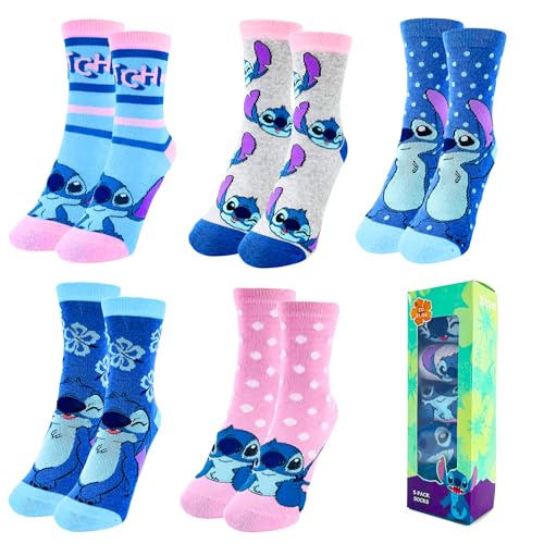 Disney Stitch Socken für Mädchen, Stitch Design, 5er-Pack Klassische Socken für Teenager Mädchen, Größen EU 27 bis 38 (DE/NL/SE/PL, Numerisch, 35, 38, Regular, Mehrfarbig)