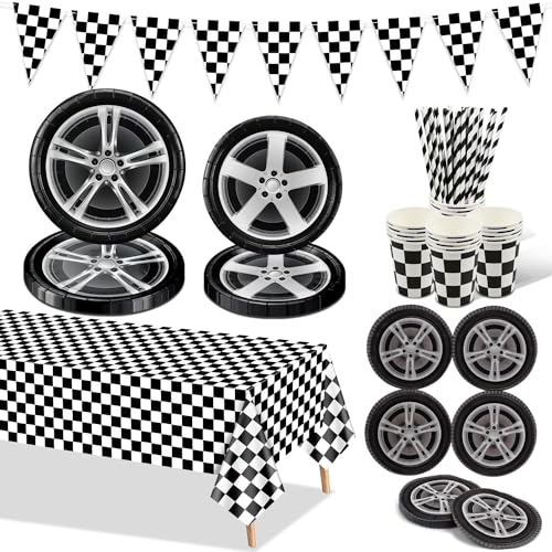 Racing Car Geburtstag Party Dekorationen, Auto-Rad-Party-Zubehör, Pappteller, Reifenservietten, schwarz karierte Tischdecke, Becher, für Kinder-Rennsport-Themengeburtstagsparty, für 20 Personen