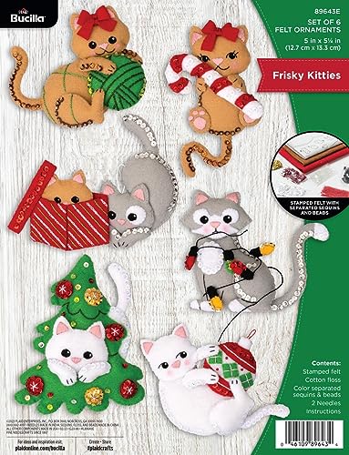 Bucilla, Frisky Kitties, Filz-Applikationen, 6-teiliges Ornament-Bastelset, perfekt für Urlaub, DIY Kunst und Handwerk, 89643E