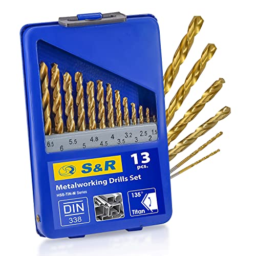 S&R Metallbohrer-Set 13-tlg, Metall Bohrerset HSS-G TiN, Präzisions Hochleistungsbohrer für Werkzeugstahl, Baustahl, Gusseisen, 1,5-6,5 mm, Titan-Nitrid beschichtet, DIN 1412 Schliff konisch 135 Grad