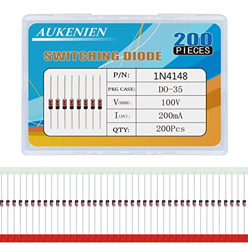 AUKENIEN 200 Stück 1N4148 Schalt Dioden 200mA 100V DO-35 Axial 4148 200 mA 100 Volt IN4148 Elektronische Silikondioden