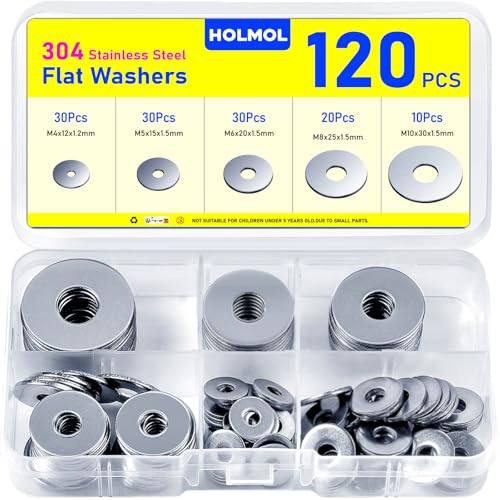 HOLMOL Unterlegscheiben Set 120 Stück, Karosseriescheiben 5 Größen, Edelstahl Beilagscheiben Sortiment M4 M5 M6 M8 M10, Flach Unterlegscheiben Edelstahl, Beilagscheiben Set für Schrauben & Muttern