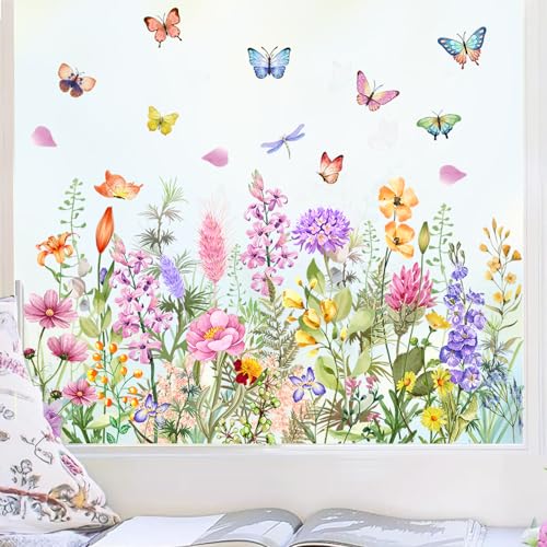 COLOFALLA 3 Stücke Fensterbilder Frühling Fensterbilder Blumen Schmettertling Selbstklebend Fensteraufkleber Frühling Fensteraufkleber Blümen Selbstklebend Groß Zweiseitig Wiederverwandbar Fensterbild