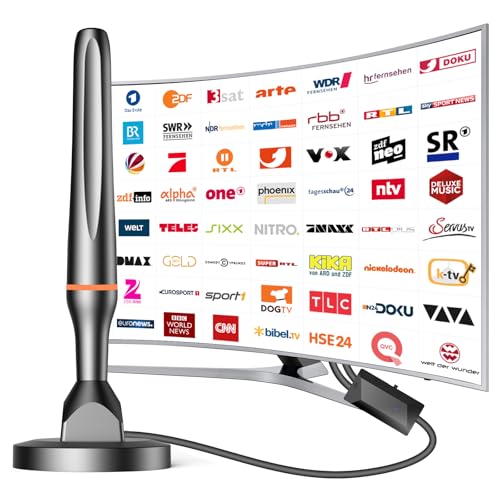 DVBT2 Antenne, DVB-T/DVB-T2-Antenne, Stärkere Stabantenne für digitales Fernsehen/Digital TV/DAB Radio/DVB-T2 Tuner Stick, Maximale Signalqualität - Mit Magnetfuß 3m Kabel