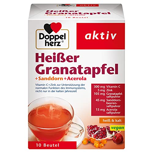 Doppelherz Heißer Granatapfel Sanddorn Acerola - Vitamin C und Zink zur Unterstützung der normalen Funktion des Immunsystems - heiß und kalt - vegan - 10 Beutel