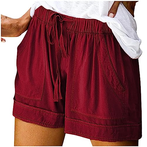 Kurze Hosen Damen Sommer Hosen Taille verbindende kurze Hosen mit Taschen Comfy Womens elastischer lockerer Auszug lässige Hosen Damen Shorts 40 Hosen Damen Locker Jogginghosen Damen (Wine, L)