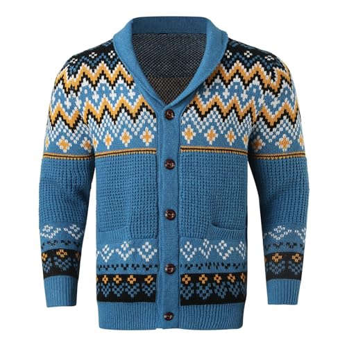 WKAYsIV Übergang Junge dicker Jacquard-Strickpullover mit langen Knöpfen, warme Strickjacke Herren Hoodie (Blue, XL)