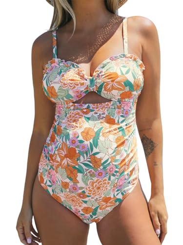 CUPSHE Damen Schwangerschafts Badeanzug Rüschen Knoten Herzausschnitt Zierausschnitte Einteilige Umstandsbademode Swimsuit Honigorange/Blumig M