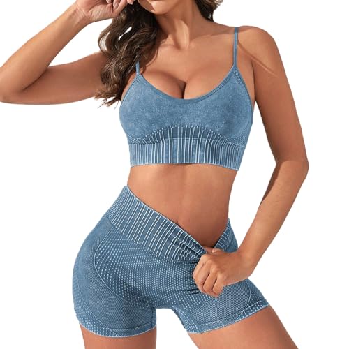 Pro Shorts Medium Girls nahtlos, Batik-Fitness-Yoga-Set, hohe Taille, Hüftlifting-Shorts für Damen, Sport Outdoor, Milchwasserwäsche Yoga Kleidung Herren Set(Blau,M)