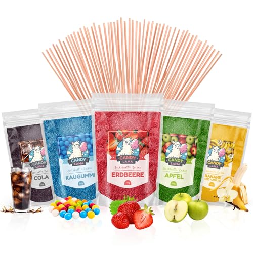 CANDY LAMA Zuckerwatte-Set, Partyset 5 x 250g: Cola, Kaugummi, Erdbeere, Apfel, Banane, Vanille, inkl. 50 Zuckerwattestäbe, 100% vegan, für Zuckerwattemaschine