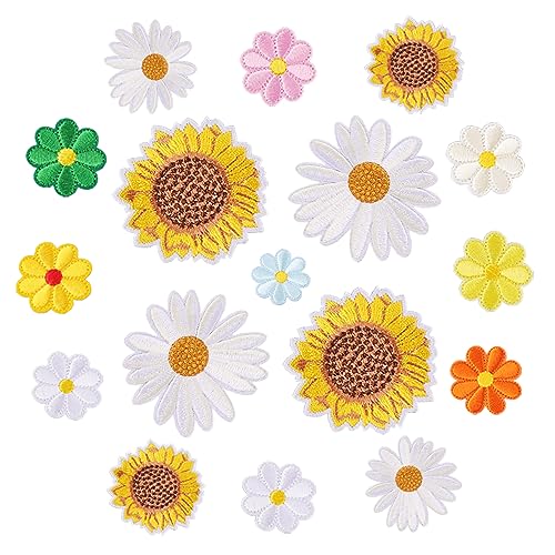 Amaxiu Sonnenblumen Aufnäher zum Aufbügeln, 17 Stück, bunte Gänseblümchen Applikationsflicken Kleidungsreparatur bestickte Aufnäher zum Aufnähen DIY Blumenflicken für Jeans Jacken Hüte