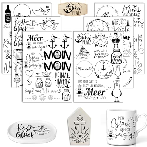 Rub On Sticker Meer, 6 Stück A5 Rub On Aufkleber, Rub On Folie Transferaufkleber, Sprüche für Raysin, für Möbel, Glas, Holz, Scrapbooking, DIY Basteln Deko (Meer)