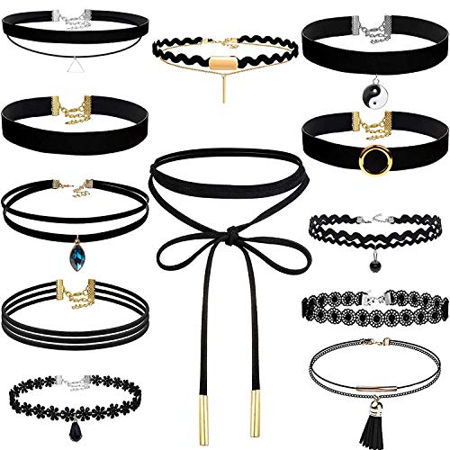 Shynek Choker-Halskette, 12-teiliges schwarzes , schwarze Spitze, Tattoo, Samt, für Frauen und Teenager-Mädchen