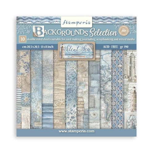 Stamperia - Scrapbook Paper Pad for Scrapbooking, Albums, Cards, Bullet Journals, and More, Acid Free, Double-Sided, Perfect for Crafts and Gifting (Silent Sea Backgrounds Selection) (20.3 x 20.3cm)