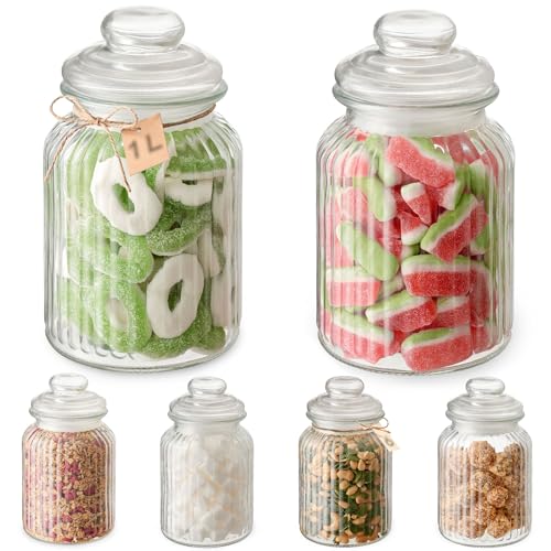 Praknu Candy Bar Gläser Groß 1L - Luftdicht - 6er Set Vintage Bonbonglas mit Deckel & Etiketten- Robustes Glas - Spülmaschinenfest- für Kekse & Süßigkeiten