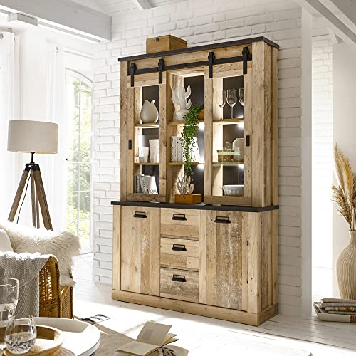 Lomadox Buffetschrank inkl. Beleuchtung in Old Style hell Nb. mit anthrazit, B/H/T: ca. 133/201/38 cm