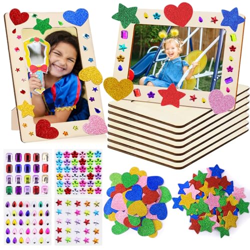 Bilderrahmen Holz Set zum Bemalen, 8 Stück Fotorahmen Bastelset Holzrahmen Holzbilderrahmen zum Bemalen, DIY Bilderrahmen Klein Basteln Set Kinder mit Glitzersteine & Sticker für Geburtstage Geschenke