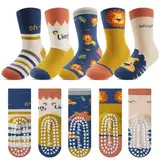 Kyopp 5 Paar Stoppersocken Kinder Baumwolle Socken Jungen Mädchen ABS Anti Rutsch Socken Tiermotive 25-37EU（ABS-Löwenjunge M）