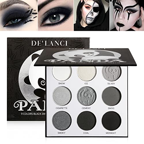 Black Smoky Lidschatten-Palette, DE’LANCI PANDA 9 Farben True Black Dark Grey Smokey Eyeshadow Palette Goth Makeup Pallet, Soft Matt Shimmer High Pigmented Basic Black White Grey Shade for Halloween