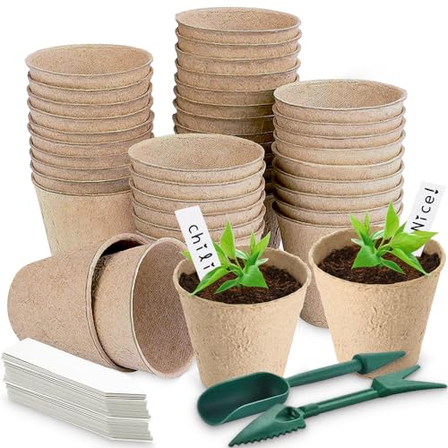 Aileem 40 Stück Anzuchttöpfe, Ø 8cm Biologisch Abbaubare Pflanztöpfe mit 40pcs Kunststoffetiketten und Umpflanzen Digging Tools, Pflanze Blume Seed Tray Pots Kits, Garten