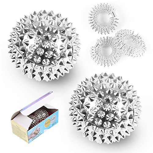 Huoberr 2 Stücke Magnetic Acupressure Balls &3 Stücke Massageringe für Finger Igelball Massage Small 32 mm Durchmesser Skills Borderline Set für Stress Relief oder Massage (Sliver)