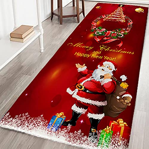 Doubleer Weihnachtsteppich 3D Rutschfest Weihnachtsdruck Teppich Wohnzimmer Boden Küche Badezimmer Teppich Weihnachtsmann & Reh Weihnachtsbaum Schneemann